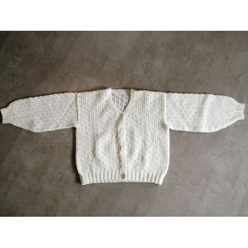 Gilet Tricoté Main Écru Taille 4/6 Ans