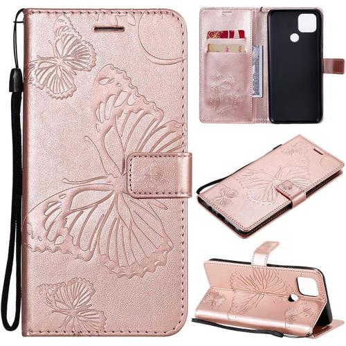 Étui Pour Oppo A15/Oppo A15s 6 52 Pouces Pu Cuir Couverture Magnétique Housse Conception En Relief De Papillon Stent Fonction Flip Cuir Or Rose