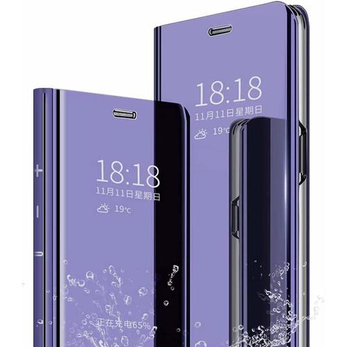 Coque Miroir Pour Apple Iphone 13 Mini - Étui À Rabat Avec Fonction Veille/Réveil - Béquille Pliable Et Support - Résistante Aux Chocs - Violet