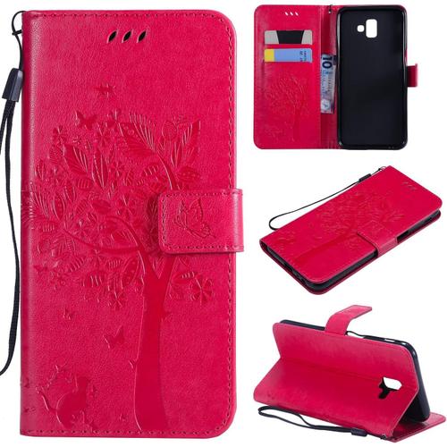 Coque Compatible Avec Samsung Galaxy J6 Prime/J6 Plus/J610f Cuir Flip Étui/Portefeuille Case Cover Housse Tpu Silicone Arbre Et Chat Rose Rouge