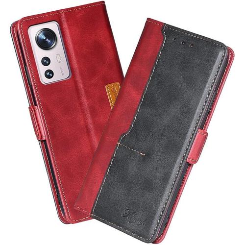 Housse Pour Telephone Xiaomi 12 Xiaomi 12x Etui, Pu/Tpu Rétro Retourner Cuir Coque Magnétique Anti Chute Portefeuille Protection Case Cover, Rouge