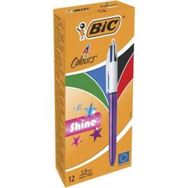 Bic 4 Couleurs Shine Stylos-Bille Retractables Pointe Moyenne -1.0 Mm- - Corps Violet Metallise. Boite De 12 - Betadine