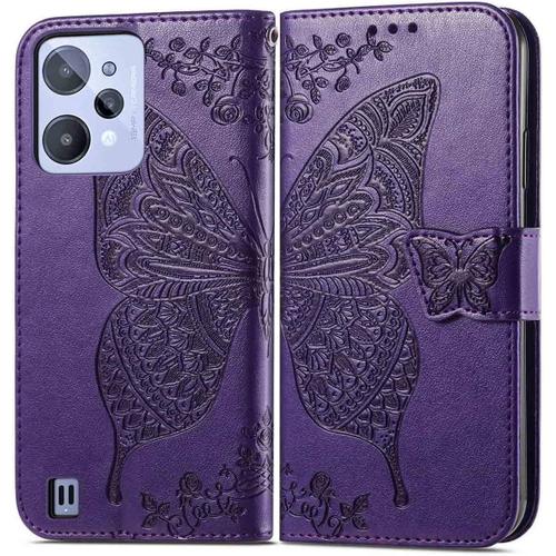 Coque Pour Realme C31 4g Étui Papillon Flip Wallet Slim Housse De Téléphone Avec Fermeture Magnétique Fentes Pour Cartes Béquille Dragonne. Violet