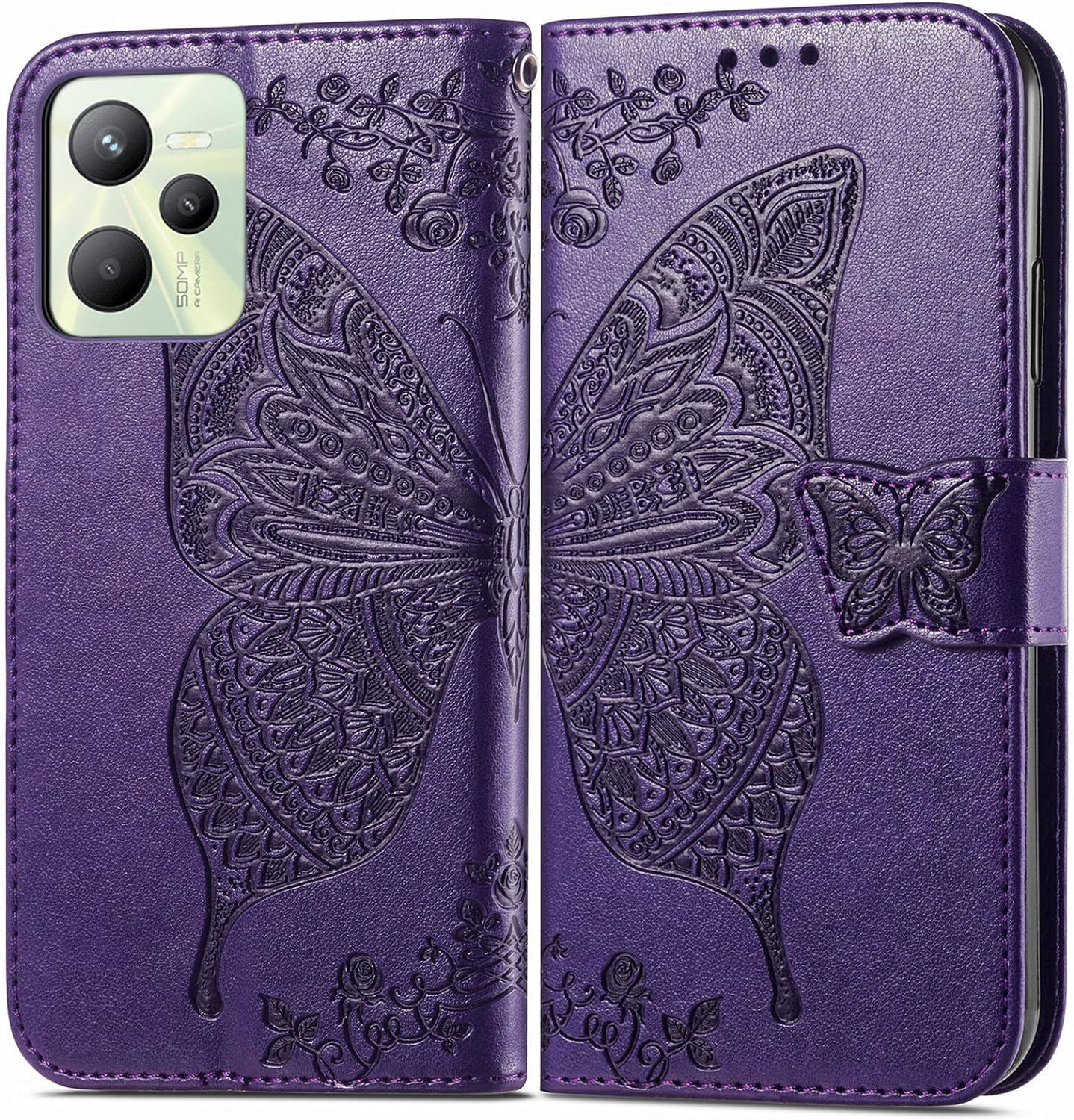 Coque Pour Realme C35 4g Étui Papillon Flip Wallet Slim Housse De Téléphone Avec Fermeture Magnétique Fentes Pour Cartes Béquille Dragonne. Violet