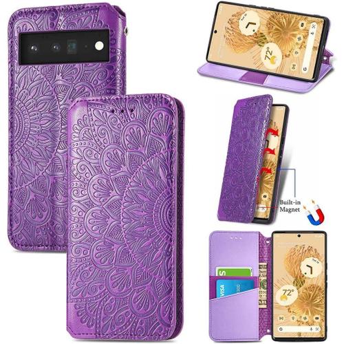 Housse Pour Telephone Google Pixel 6 Etui Premium Pu+Tpu Motif En Relief Retourner Cuir Coque Anti Chute Portefeuille Protection Case Cover Violet