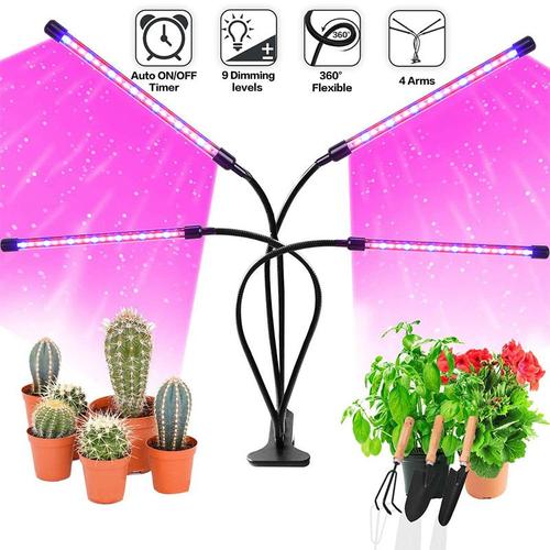 Lampes De Culture, 100 Lampes De Jardinage Led À Spectre Complet Avec Minuterie 3 Modes De Couleur, 10 Intensités De Lumière De Jardinage Bonsaï, 4 Têtes 40 W, Avec Adaptateur Secteur-1pc