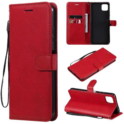 Flip Étui Pour Samsung Galaxy A22 5g Étui De Téléphone Portefeuille D'affaires Avec Fente Pour Carte Cuir De Haute Qualité Couleur Solide Classique - Rouge