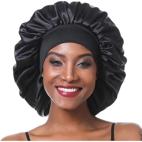 Noir Noir Bonnet De Nuit En Satin Élastique À Large Bande Pour Femme,Cheveux Longs, Cheveux Bouclés (L, Black)