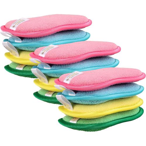 Lot de 12 éponges à vaisselle colorées en microfibre double face lavables pour une utilisation dans la cuisine, pour nettoyer les