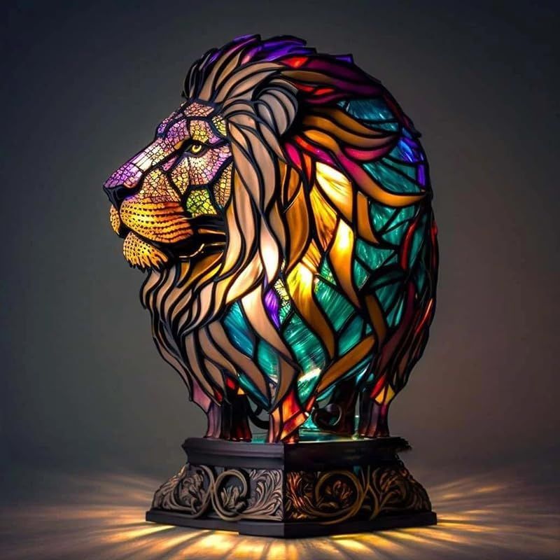 Lion Lampe De Table Animaux 3D Série De Lampes En Vitrail Lampes De Table Animaux Vintage Pour Le Salon Veilleuse Créative Animaux Amants Décoration De La Maison Cadeaux Créatifs De Noël (Lion,S)