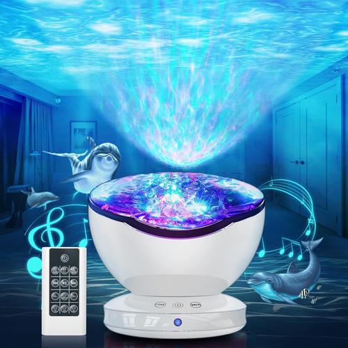 Blanc Lampe Projecteur Led Simulation Des Vagues Océan, Veilleuse Enfant Avec 8 Modes De Couleurs 6 Sons De Musique Télécommande Minuterie Lampe De Chevet Pour Decoration Chambre Bébé (Blanc)