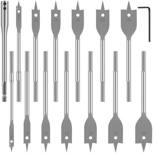 Lot de 15 forets plats de 6 mm à 25 mm avec tige de connexion et clé à molette, pour bois