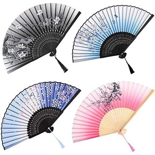 Bleu,bleu Foncé,foncé,noir,rose 4PCS Ventilateurs Pliantes éventail Pliant Poche Pliables avec Frange en Soie et Bambou Style Japonais avec Gland Pliante Ventilateur (env. 38 x 21cm Bleu