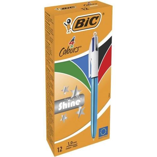 Bic 4 Couleurs Shine Stylos-Bille Retractables Pointe Moyenne -1.0 Mm- - Corps Bleu Metallise. Boite De 12