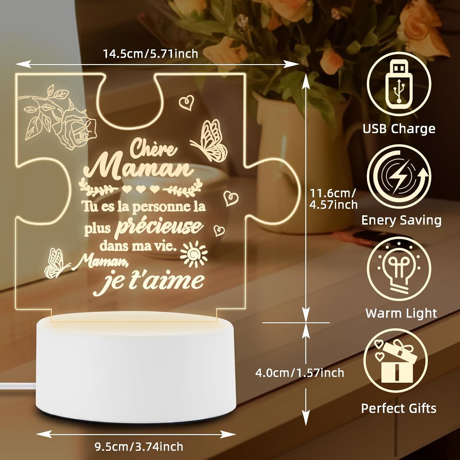 Cadeau Maman, LED Veilleuse En Acrylique Cadeau Pour Maman, Personnalisé Noël Ca