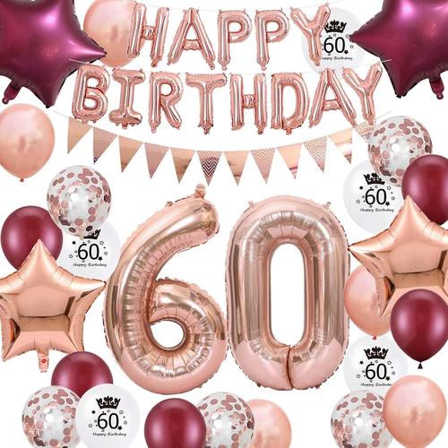 60e Anniversaire Décorations Bordeaux Or Rose Pour Femmes, Ballon Happy Birthday Bannière Numéro 60 Anniversaire Ballons Vin Rouge