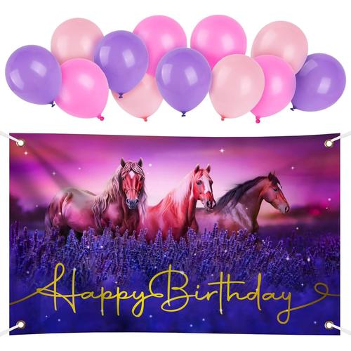 Décoration Anniversaire Cheval 180×110cm Toile de Fond Anniversaire Cheval équitation et 12Pcs Ballons Anniversaire Roses et Violets