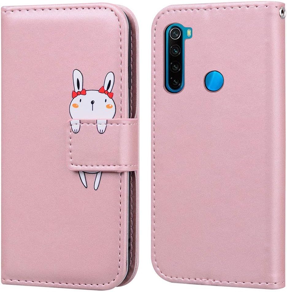 Coque Xiaomi Redmi Note 8, Design Animé Lapin Blanc Étui En Cuir Portefeuille Housse De Protection En Cuir Flip Case Wallet Cover Flip Case With Fentes Pour Cartes + Support - Lapin, Rose