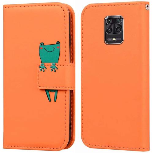 Coque Xiaomi Redmi Note 9 Pro/Note 9 Pro Max, Case In Cuir De Design Animé, Case De Protection Portefeuille À Rabat En Cuir Avec Fentes Pour Cartes + Support - Grenouille, Orange