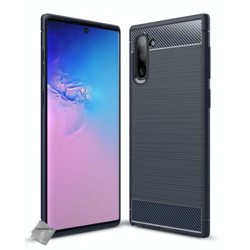 Housse Etui Coque Silicone Gel Carbone Pour Samsung Galaxy Note 10 + Verre Trempe - Bleu Fonce