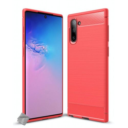Housse Etui Coque Silicone Gel Carbone Pour Samsung Galaxy Note 10 + Verre Trempe - Rouge