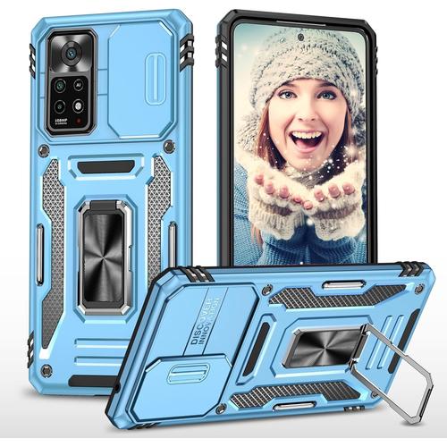 Coque Pour Xiaomi Redmi Note 11 Pro/Note 11 Pro 5g Protection Caméra Slide], Métal 360 Degrés Anneau Métallique Support Standard Antichoc Housse De Protection Film De Protection Bleu Clair