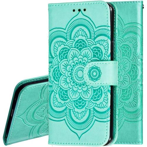 Coque Samsung J2 Pro 2018 Mandala Gaufré Premium Cuir Flip Portefeuille Emplacements Pour Cartes Support Magnétique Étui De Protection Pour Samsung Galaxy J2 Pro 2018 Mandala Vert Ld