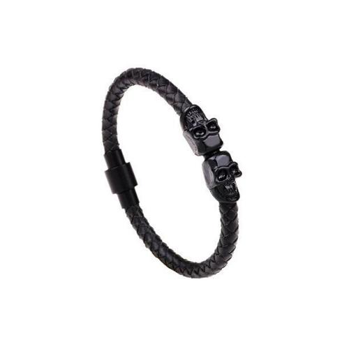 Bracelet Biker-Cuir Tressé-Fermoir Aimanté-Crânes De Mort-Tendance