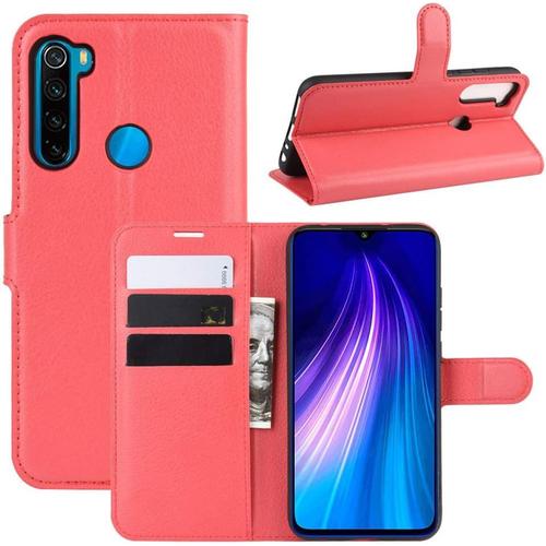 Coque Pour Xiaomi Redmi Note 8 6,3"" Pu Housse De Protection À Rabat Motif Litchi Avec Support Fermeture Magnétique Poches Fente Pour Carte Portefeuille Étui Rouge