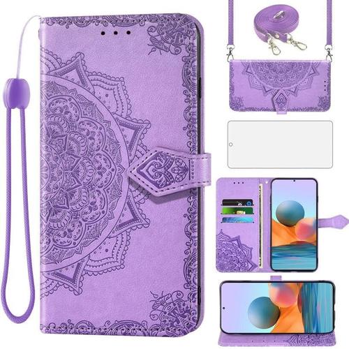 Coque Pour Xiaomi Redmi Note 10 Pro/10pro Max Avec Sangle Et Film De Verre Film De Protection Fente Pour Carte Pliable Cuir Portefeuille Stand Note10 Promax M2101k6g Housse De Protection Pour Téléphone Portable Violet