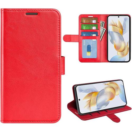 Étui De Protection Pour Honor 90 6,7 Pouces Style Livre En Cuir Pu, Étui À Rabat Ouvert Gauche/Droite Avec Poches À Fermeture Magnétique, Emplacements Pour Cartes, Étui Portefeuille En Cuir Rouge