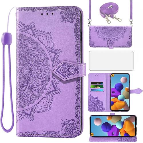 Étui De Protection Pour Samsung Galaxy A21s Avec Sangle Et Film De Verre, Film De Protection, Fente Pour Carte, Pliable, Portefeuille En Cuir, Support 0, Coque De Protection Mandala, Film Blindé, Coque De Téléphone, Violet