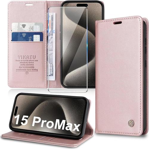 Étui De Protection Pour Iphone 15 Pro Max Avec Film De Protection Cuir Pu De Qualité Supérieure Étui À Rabat Avec Support Magnétique Et Support Magnétique Pour Iphone 15 Pro Max 6.7\U201c