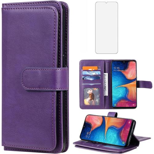 Étui De Protection Pour Samsung Galaxy A20e Avec Film De Protection En Verre Et Fente Pour Carte, Portefeuille En Cuir Pliable Avec Support A20 E A 20e - Violet