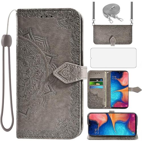 Étui De Protection Pour Samsung Galaxy A20e Avec Sangle Et Film De Verre, Film De Protection, Fente Pour Carte, Pliable, Portefeuille En Cuir, Support A20 E A 20e, Coque De Protection Mandala En Verre Gris