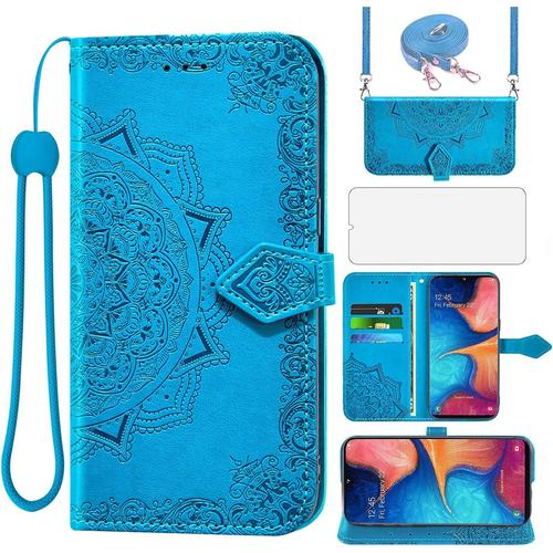 Étui De Protection Pour Samsung Galaxy A20e Avec Sangle Et Film De Verre, Fente Pour Carte, Pliable, Portefeuille En Cuir, Support A20 E A 20e, Coque De Protection Mandala En Verre Bleu