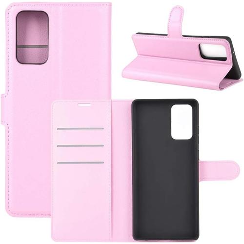 Étui De Protection Pour Samsung Galaxy Note20 Sm-N980 6,7"" Pu Étui À Rabat Motif Litchi Avec Support Fermeture Magnétique Poches Fentes Pour Cartes Portefeuille Étui Rose