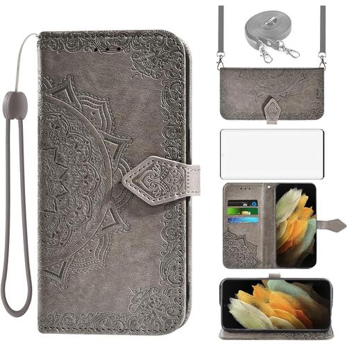 Étui De Protection Pour Samsung Galaxy S21 Ultra 5g Avec Sangle Et Film De Verre, Fente Pour Carte, Pliable En Cuir, Support Portefeuille S21ultra5g S 21 S21ultra G5 Mandala, Coque De Protection, Gris