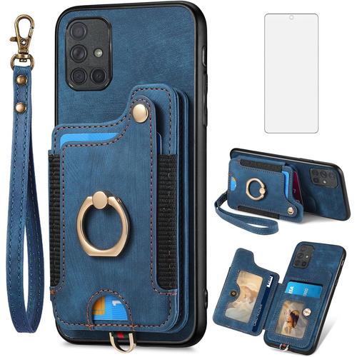 Étui De Protection Pour Samsung Galaxy A71 4g Avec Film De Protection En Verre Et Anneau Magnétique Support Fente Pour Carte Pliable Cuir Portefeuille Stand A 71 71a S71 Étui De Protection Bleu