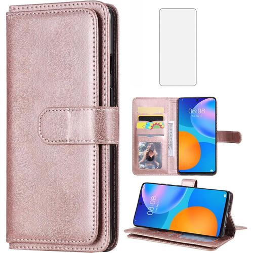 Étui De Protection Pour Huawei P Smart 2021 Avec Film De Protection En Verre Et Fente Pour Carte, Portefeuille En Cuir Pliable Avec Support Hawaii Y7a Psmart Ppa-Lx2 Étui De Protection Pour Téléphone Portable, Or Rose