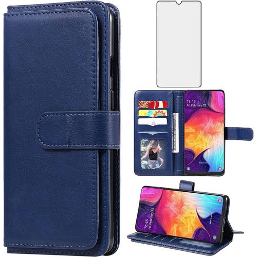 Étui De Protection Pour Samsung Galaxy A50 A30s A50s Avec Film De Protection En Verre Et Fentes Pour Cartes, Portefeuille En Cuir Pliable Avec Support A 50 50s 30s 50a - Bleu