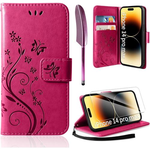 Étui En Cuir Compatible Avec Iphone 14 Pro Max Et Film De Protection, Étui Portefeuille En Cuir Avec Emplacements Pour Cartes, Étui De Protection Compatible Avec Iphone 14 Pro Max Rose Rouge