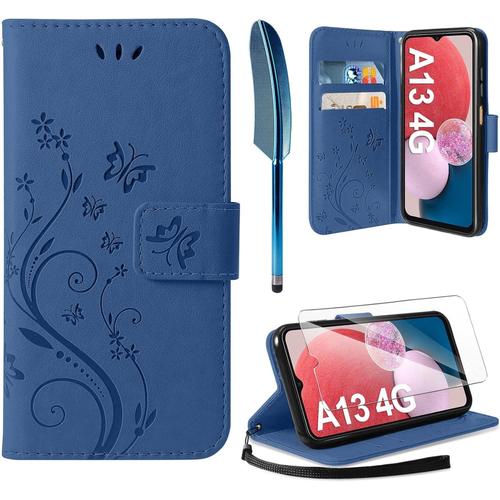 Étui En Cuir Compatible Avec Samsung Galaxy A13 4g 6,6"" Et Film De Protection, Étui Portefeuille À Rabat En Cuir Pu Avec Emplacements Pour Cartes, Étui De Protection Compatible Avec Samsung Galaxy A13 Bleu Foncé