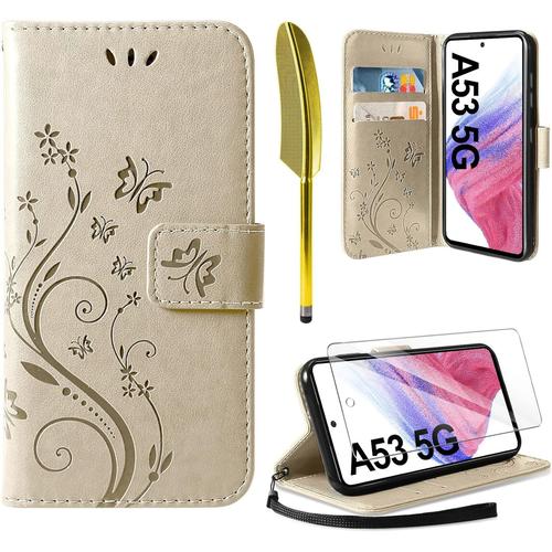 Étui En Cuir Compatible Avec Samsung Galaxy A53 5g, Étui Portefeuille À Rabat En Cuir Pu Avec Fentes Pour Cartes, Étui De Protection Compatible Avec Samsung Galaxy A53 5g Or