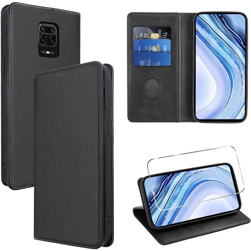 Étui En Cuir Pour Xiaomi Redmi Note 9 Pro/9 Pro Max/9s 4g Avec Film De Protection, Fonction Support, Fente Pour Carte, Portefeuille, Housse De Protection Antichoc Flip Case Pour Redmi Note 9 Pro 6,67"", Noir