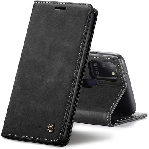 Étui Portefeuille En Cuir Pu Pour Samsung Galaxy A21s Avec Fermeture Magnétique Et Emplacements Pour Cartes, Fonction Support, Noir