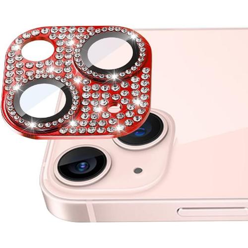 Film De Protection D'appareil Photo Pour Iphone 14/Iphone 14 Plus, Pour Film De Protection D'appareil Photo En Verre Trempé, Diamants Pailletés Alliage D'aluminium De Haute Qualité + Verre Trempé Protecteur D'écran D'objectif D'appareil Photo-Rouge