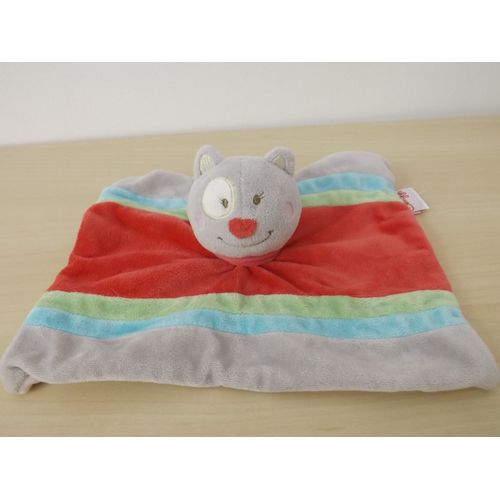 Doudou Chat Gris Rouge Bleu Vert Bengy