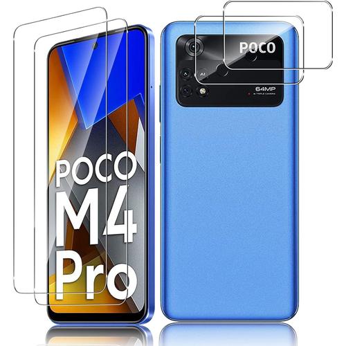 Film De Protection Pour Verre Trempé Pour Xiaomi Poco M4 Pro 4g, 2 Pièces De Verre Trempé, 2 Pièces De Film De Protection D'appareil Photo, Dureté 9h Hd Protecteur D'écran Anti-Rayures Transparent