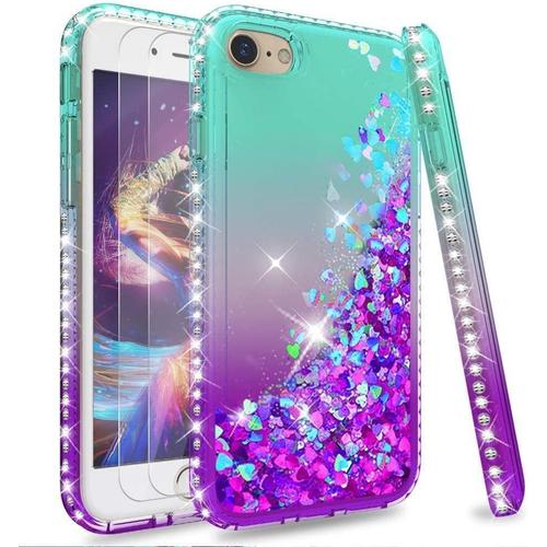 Für Iphone Se 2020 Hülle,Iphone Se 3 2022 Handyhülle Iphone 7/8 Glitzer Mit Panzerfolie Schutzfolie 2 Stück ,Diamond Panzerhülle Schutzhülle Für Case Cover Handy Hüllen Gradient Türkis Lila